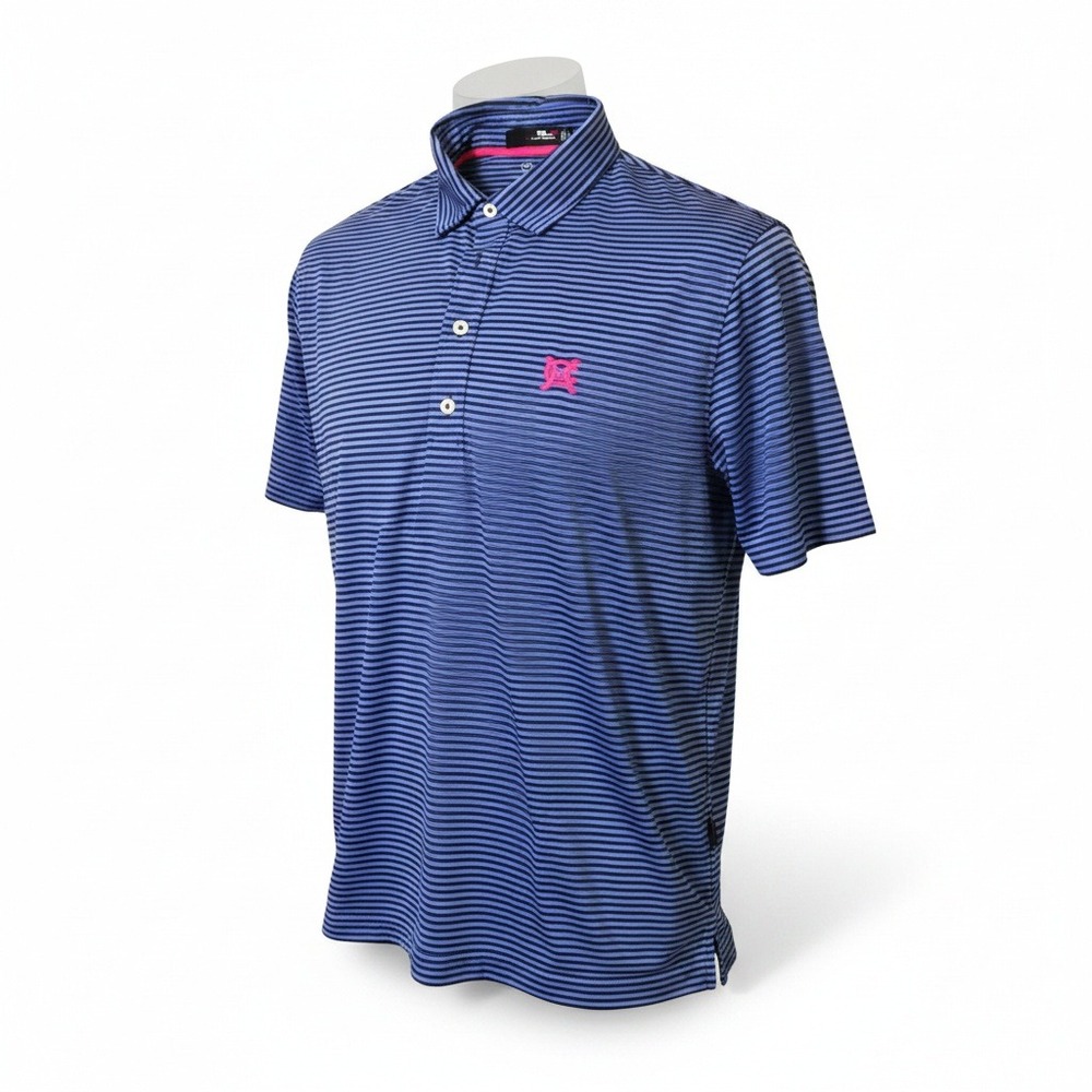 RLX Ralph Lauren Mens Blue Striped Golf Polo Shirt‎ Pink Logo Short Sleeve Large